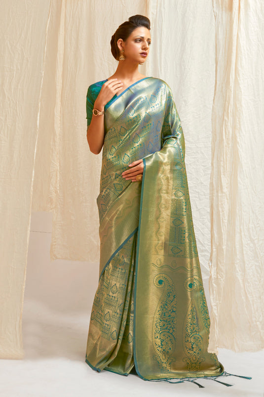 Sea Green Color Pleasant Handloom Zari Weaving Silk Saree With Kanjivaram Blouse