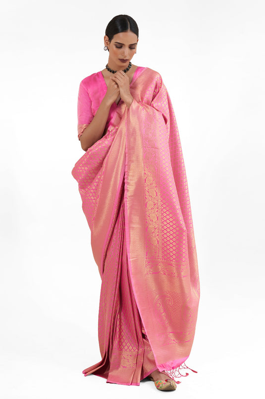 Imperial Pink Color Silk Saree With Handloom Weaving Work