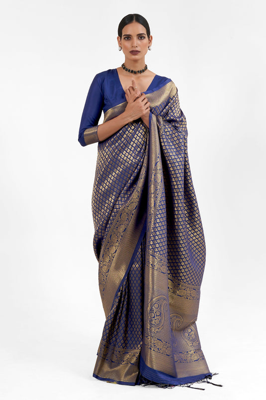 Classic Blue Color Handloom Weaving Saree In Silk Fabric