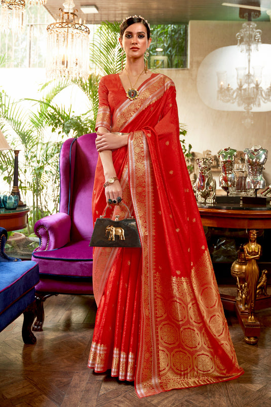 Satin silk Saree with blouse in Red color | Saree designs, Silk sarees,  Trendy sarees