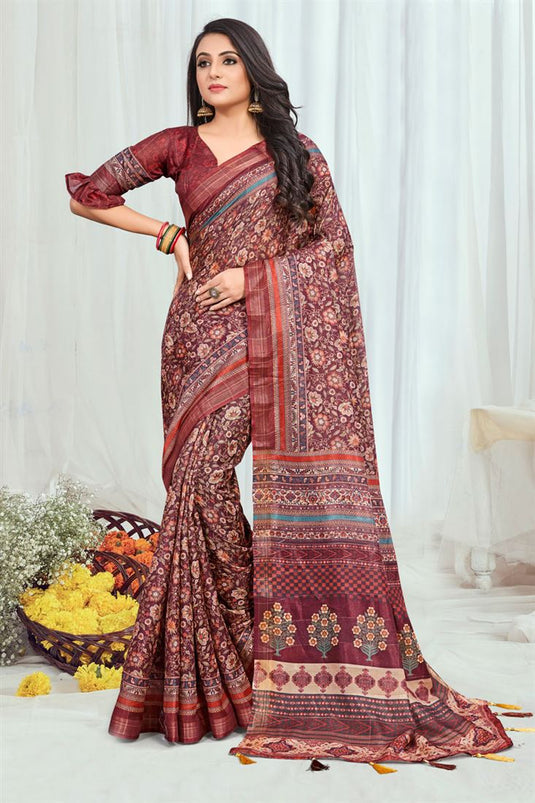 Alluring Maroon Color Cotton Printed Casual Saree