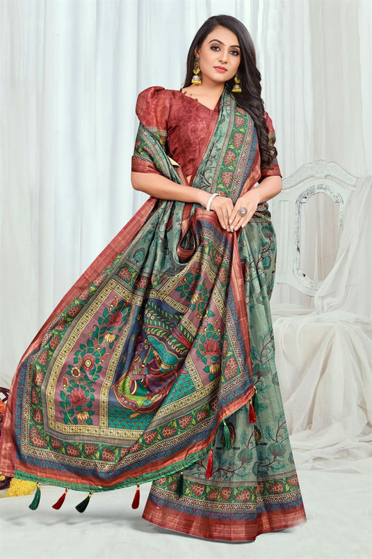 Bewitching Green Color Cotton Casual Printed Saree