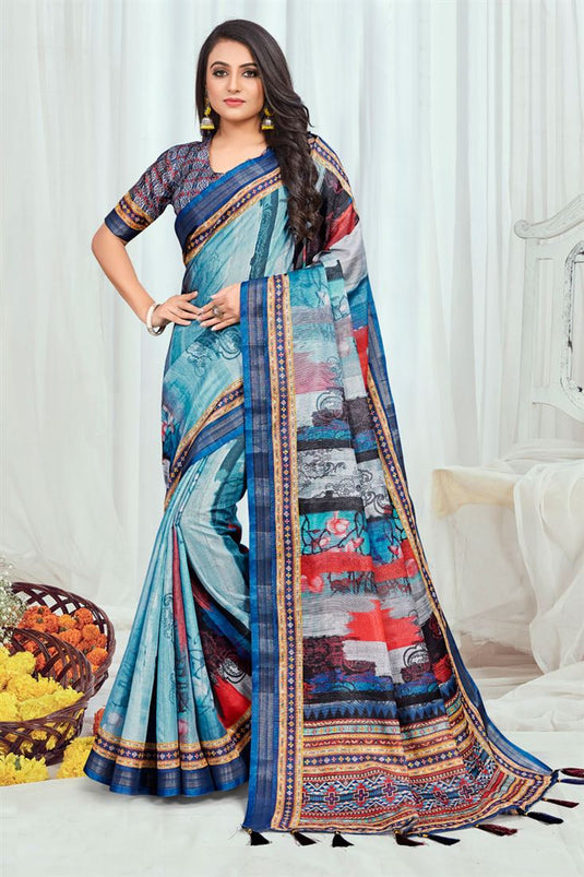 Engaging Sky Blue Color Cotton Casual Printed Saree