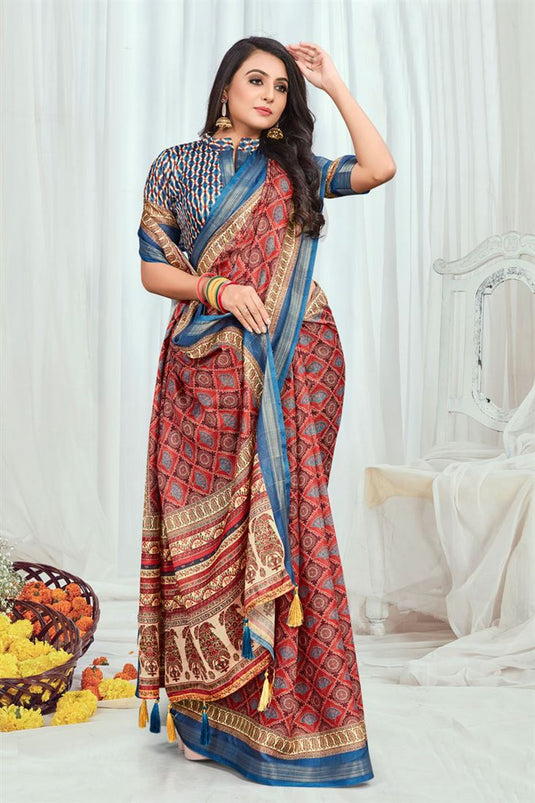 Marvellous Cotton Casual Printed Saree In Maroon Color