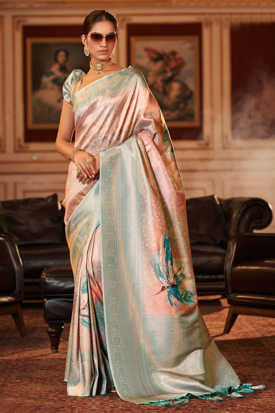 Engaging Peach Color Jacquard Fabric Digital Printed Saree
