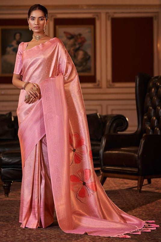 Classic Pink Color Jacquard Fabric Digital Printed Saree