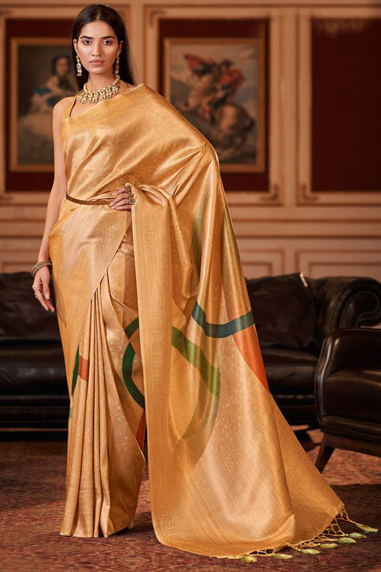 Creative Jacquard Fabric Digital Printed Saree In Mustard Color