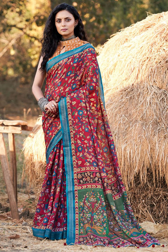 Cotton Fabric Red Color Graceful Printed Casual Saree