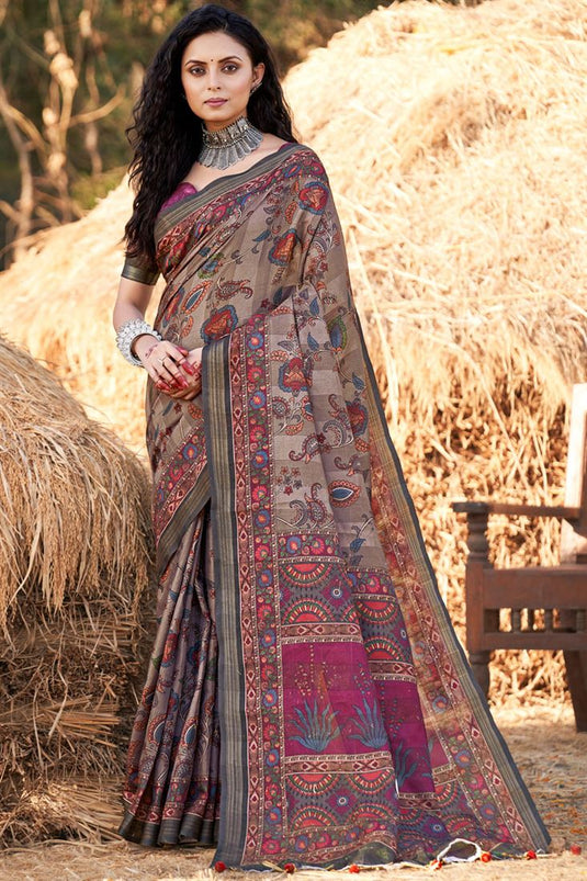 Brown Color Cotton Fabric Fashionable Printed Casual Saree