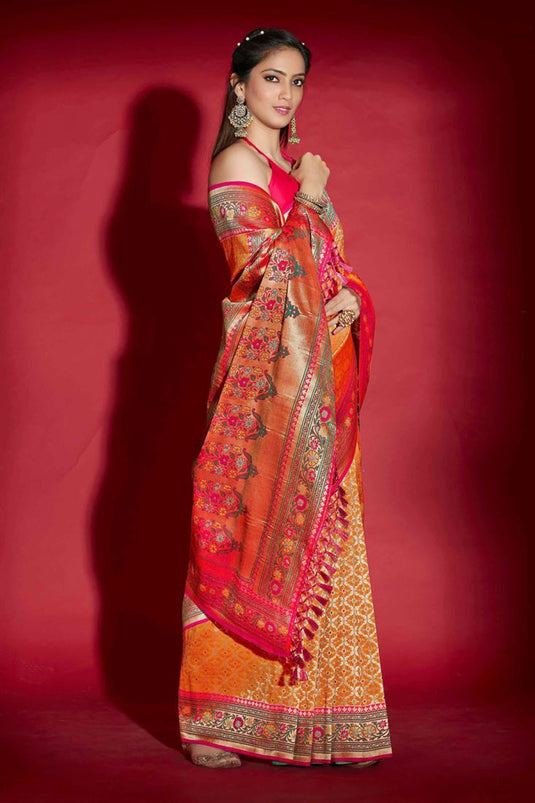 Silk Fabric Orange Color Delicate Saree For Function