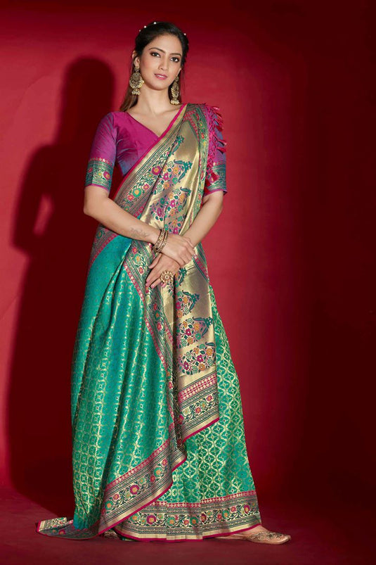 Silk Fabric Green Color Soothing Saree For Function