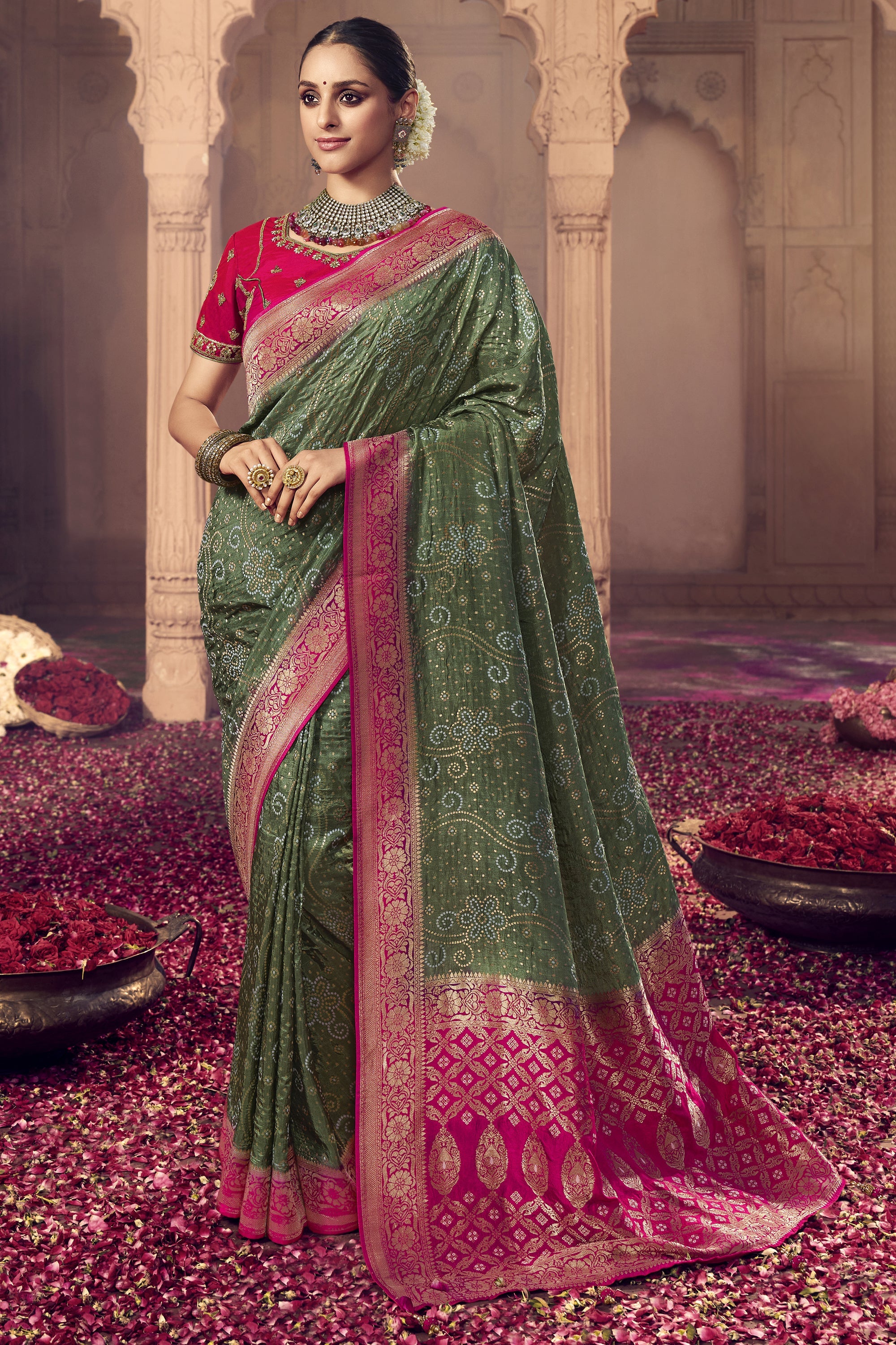 Two-tone Green Silk Patola Print Contemporary Saree