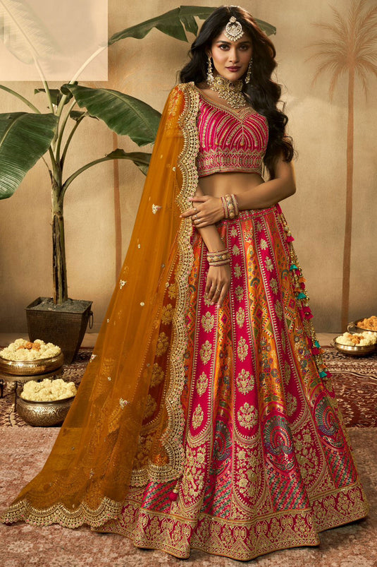 Silk Fabric Wedding Wear 3 Piece Lehenga Choli In Multi Color With Embroidery Work