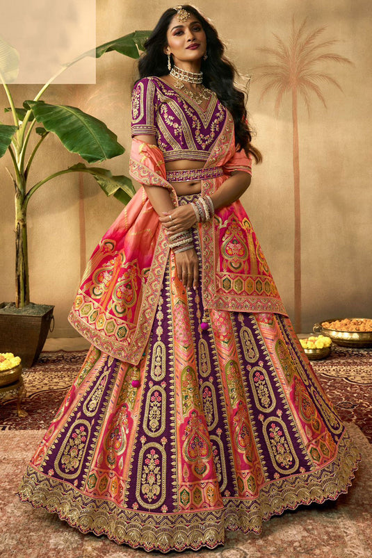 Multi Color Silk Fabric Bridal Lehenga Choli With Embroidery Work