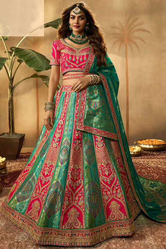 Silk Fabric Multi Color Wedding Wear 3 Piece Lehenga Choli With Embroidery Work