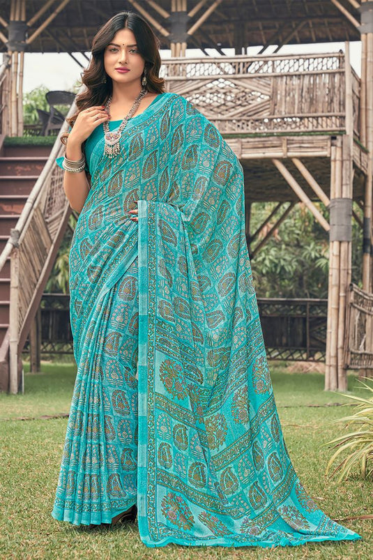Cyan Color Stunning Casual Saree In Chiffon Fabric