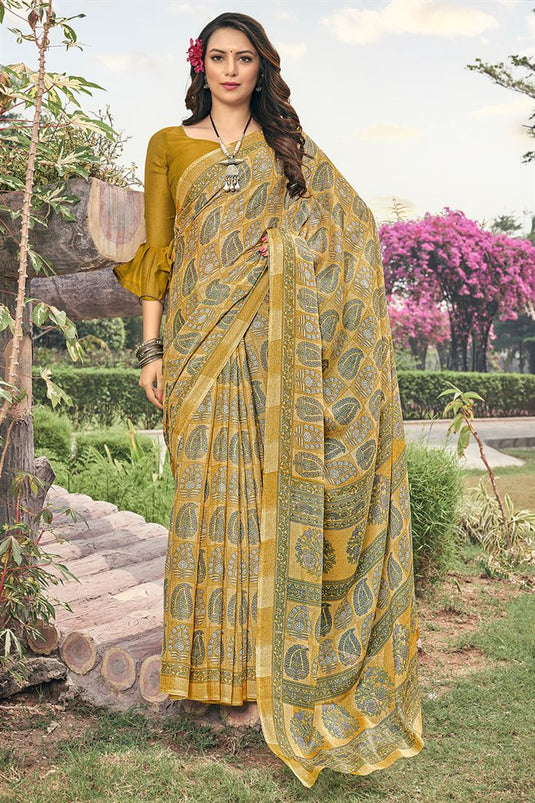 Chiffon Fabric Yellow Color Casual Wear Engrossing Saree
