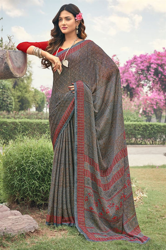 Grey Color Chiffon Fabric Adorming Casual Saree