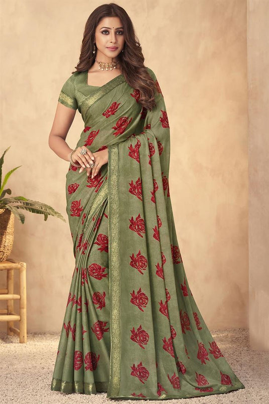 Olive Color Bright Printed Work Georgette Saree