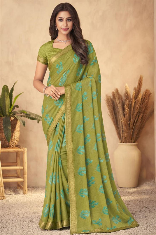 Mehendi Green Color Georgette Saree With Bewitching Printed Work