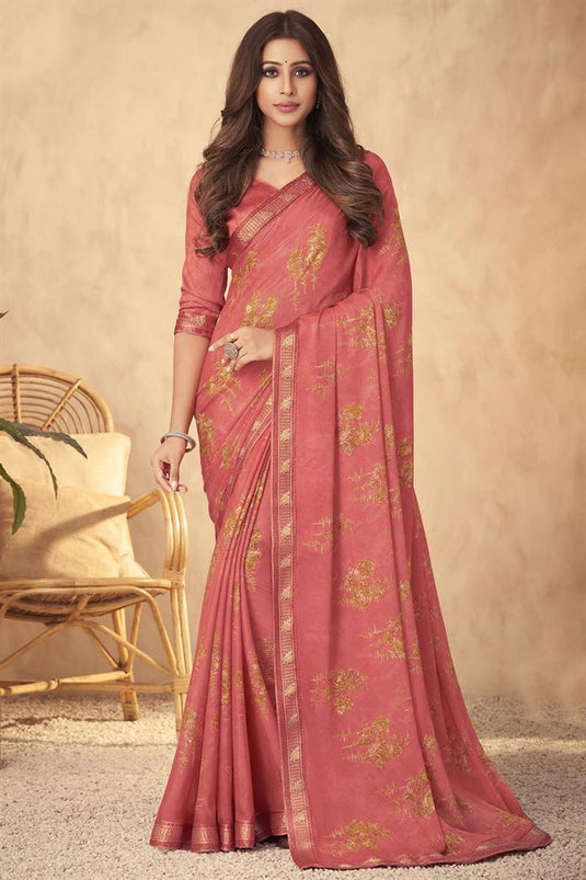 Peach Color Excellent Georgette Saree With Printed Work