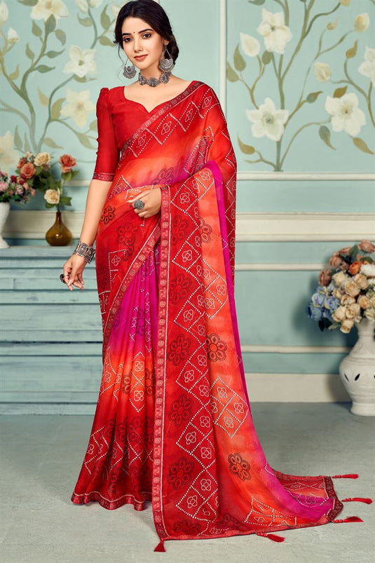 Captivating Chiffon Fabric Printed Red Color Saree