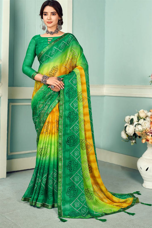 Fetching Chiffon Fabric Printed Saree In Green Color