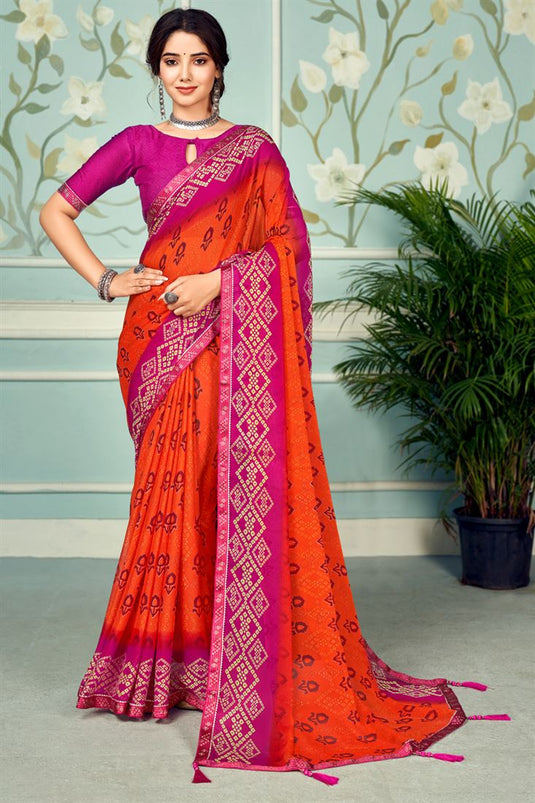Vivacious Chiffon Fabric Printed Saree In Orange Color