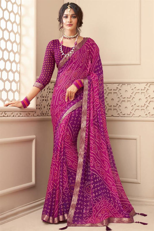 Purple Color Bandhani Printed Classic Chiffon Saree