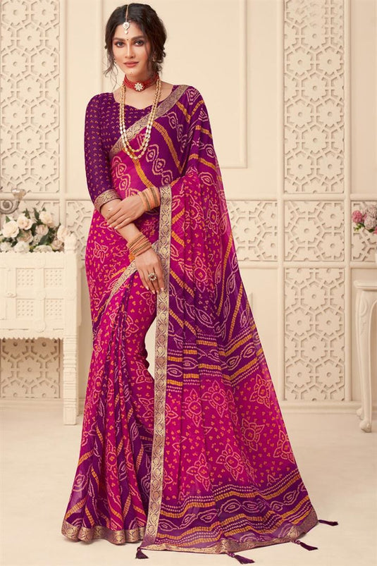 Chiffon Purple Color Contemporary Casual Bandhani Printed Saree