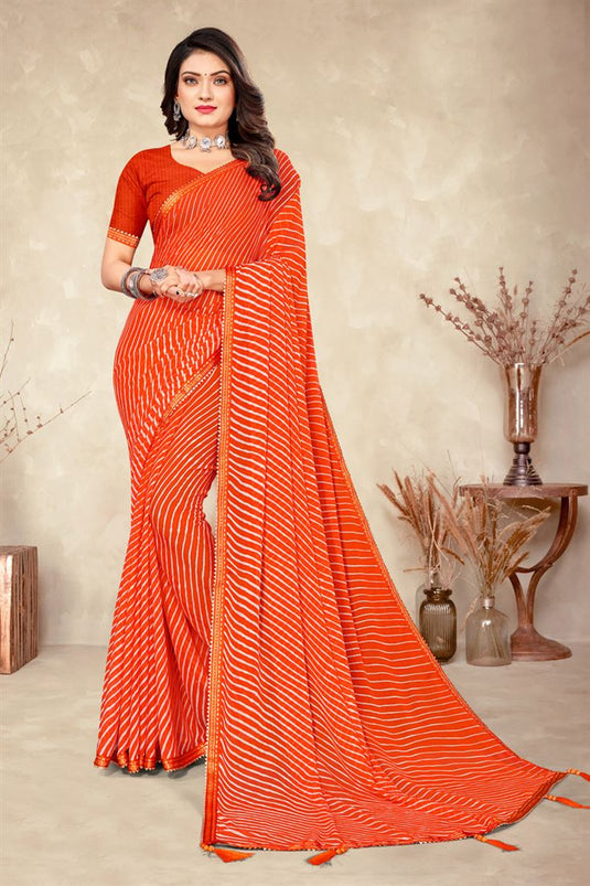 Chiffon Fabric Orange Color Printed Work Brilliant Saree