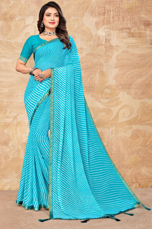 Engaging Cyan Color Chiffon Fabric Casual Wear Saree