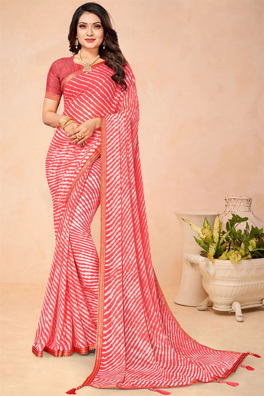 Solid Chiffon Fabric Casual Style Saree In Peach Color