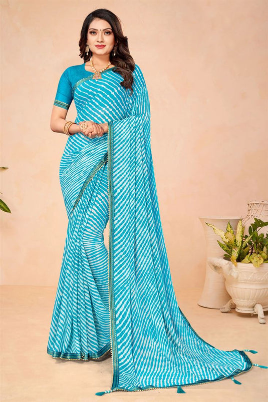 Casual Style Cyan Color Chiffon Fabric Beauteous Saree