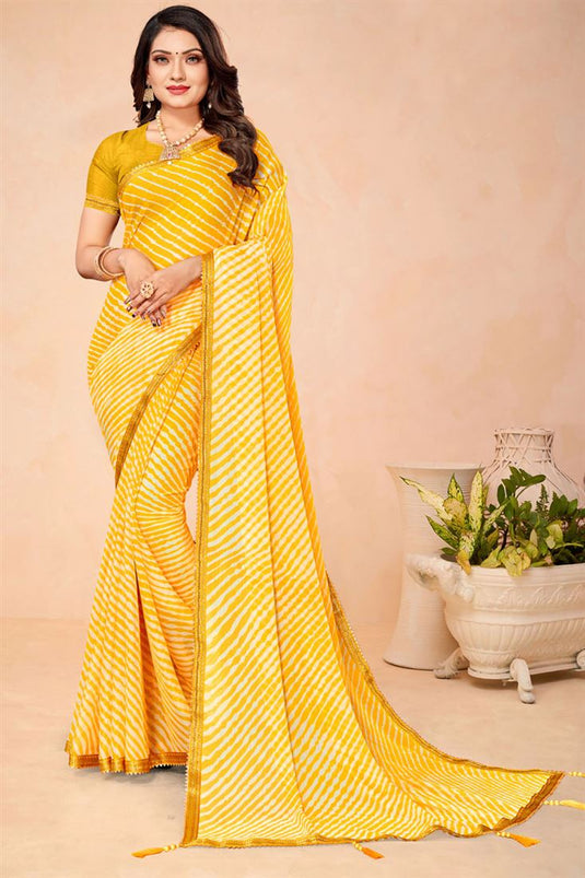 Sober Yellow Color Chiffon Fabric Casual Style Saree