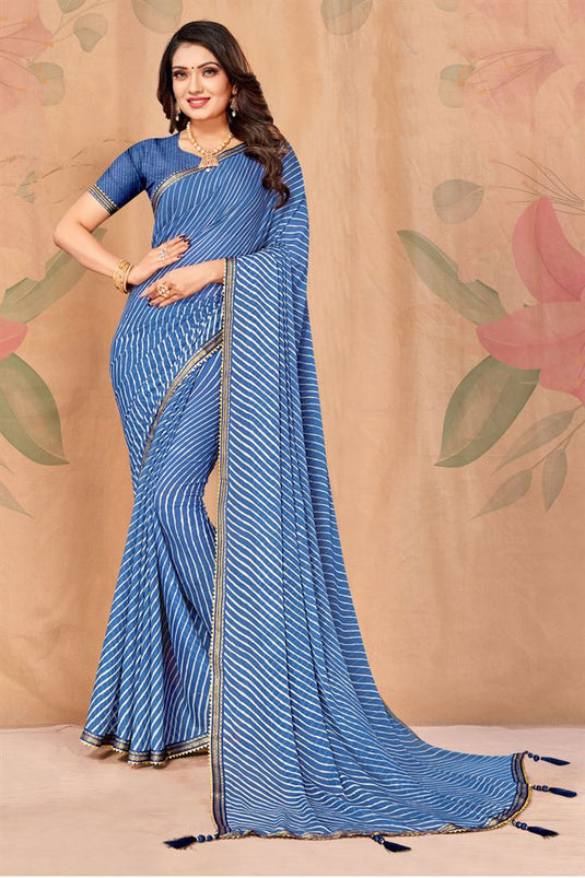 Chiffon Fabric Elegant Casual Look Blue Color Saree