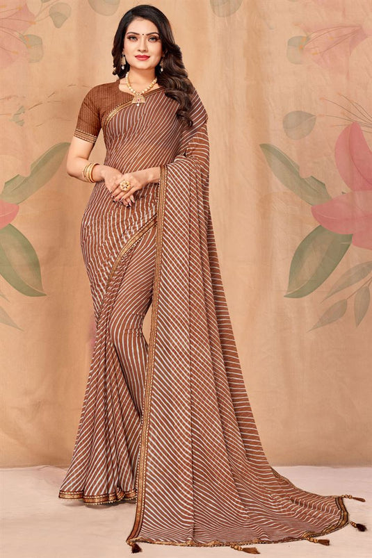 Embellished Casual Look Brown Color Saree In Chiffon Fabric