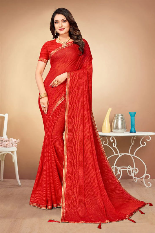 Brilliant Casual Wear Chiffon Light Weight Saree In Red Color