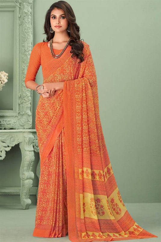 Mesmeric Orange Color Casual Look Saree In Georgette Fabric