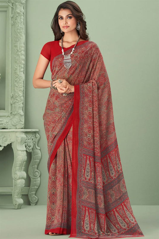 Radiant Red Color Georgette Fabric Casual Look Saree