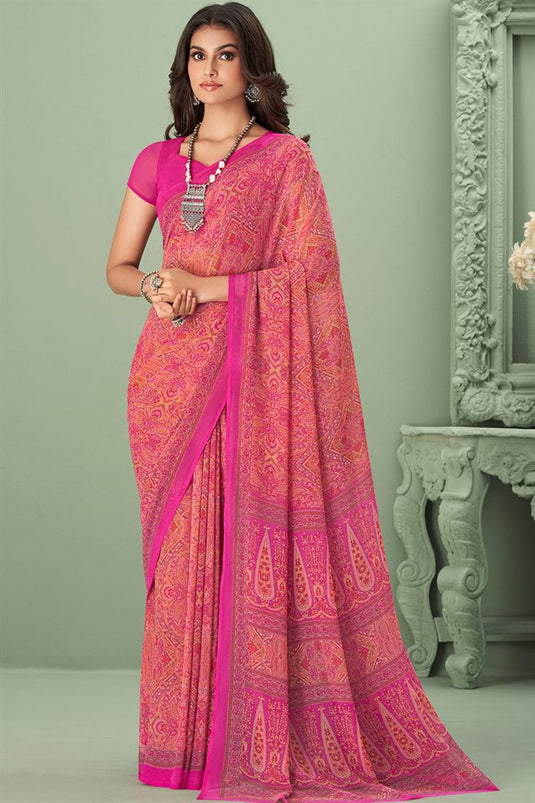 Pink Color Georgette Fabric Beatific Casual Style Saree