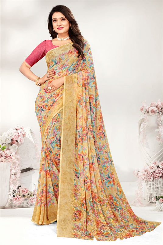 Yellow Color Bright Printed Saree In Georgette Fabric