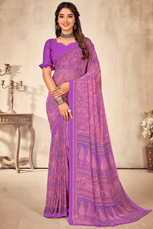 Radiant Purple Color Printed Georgette Saree