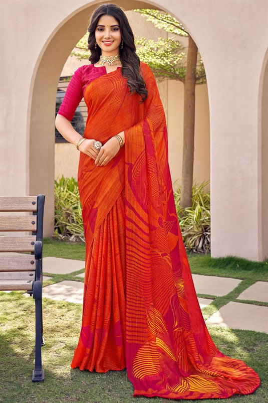 Casual Look Orange Color Appealing Chiffon Printed Saree