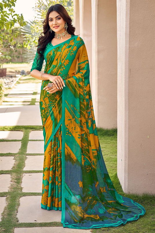 Mustard and Green Color Casual Look Engrossing Chiffon Fabric Printed Saree