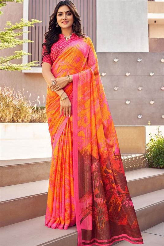 Orange and Pink Color Casual Look Intriguing Chiffon Printed Saree