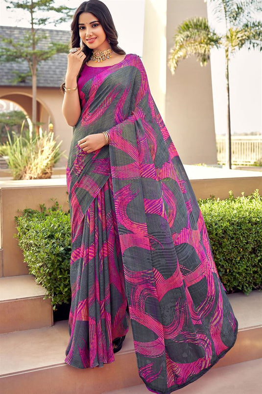 Grey and Pink Color Casual Look Wonderful Chiffon Printed Saree