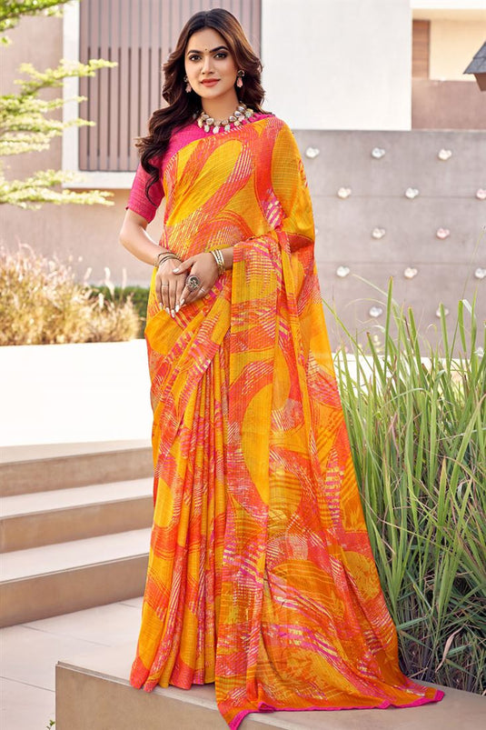 Yellow And Orange Color Casual Look Winsome Chiffon Printed Saree