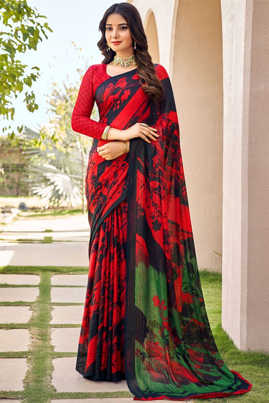 Casual Look Chiffon Fabric Beatific Printed Saree In Red And Black Color
