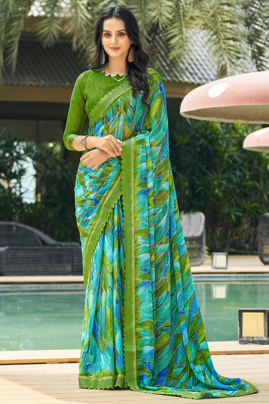 Blue Color Printed Chiffon Fabric Daily Wear Saree